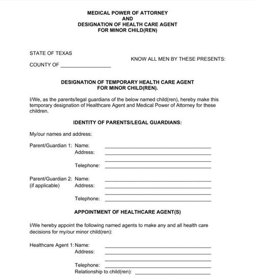 Healthcare Power of Attorney Form for Minors